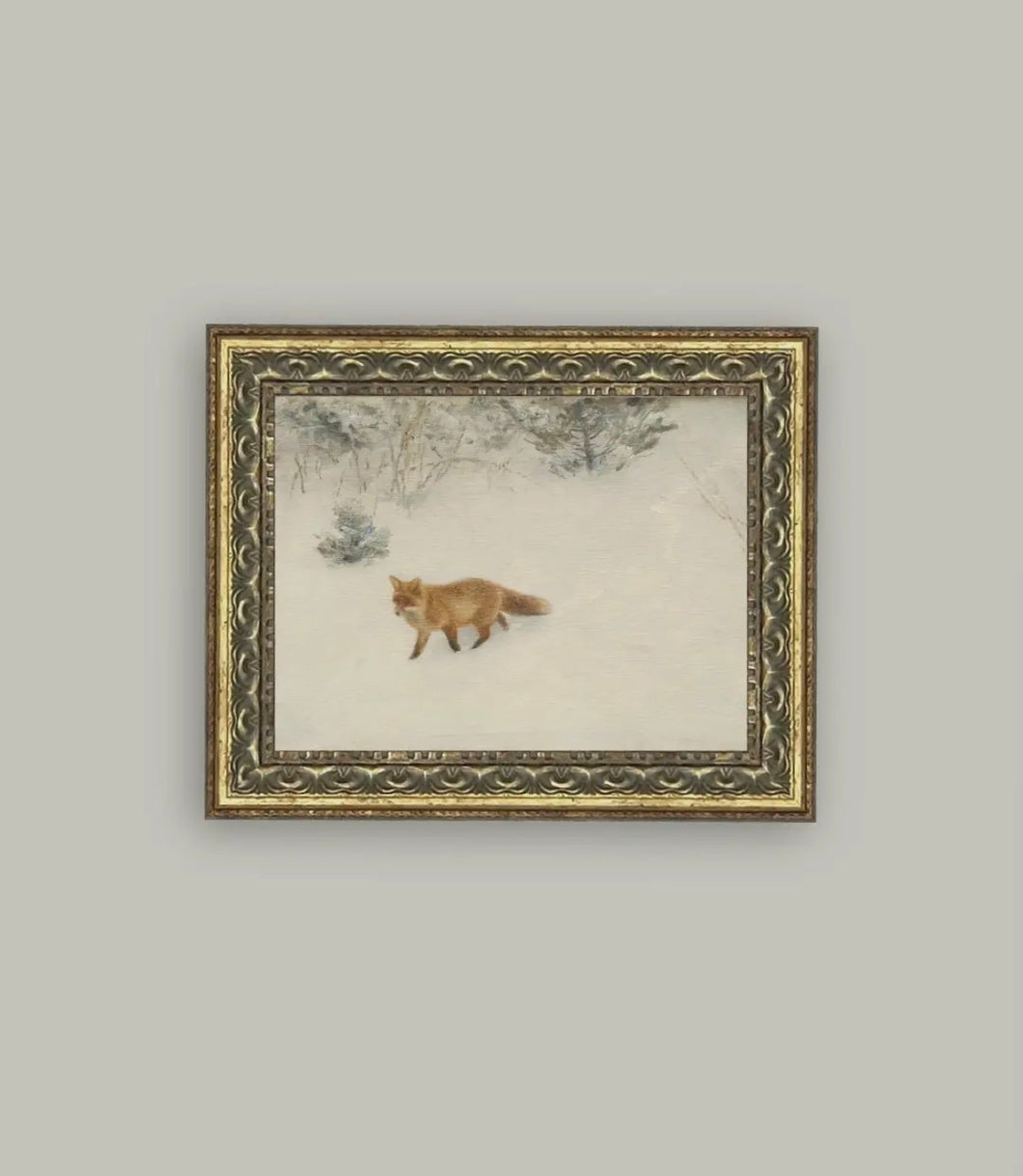 Framed antique art / winter fox / 10x8