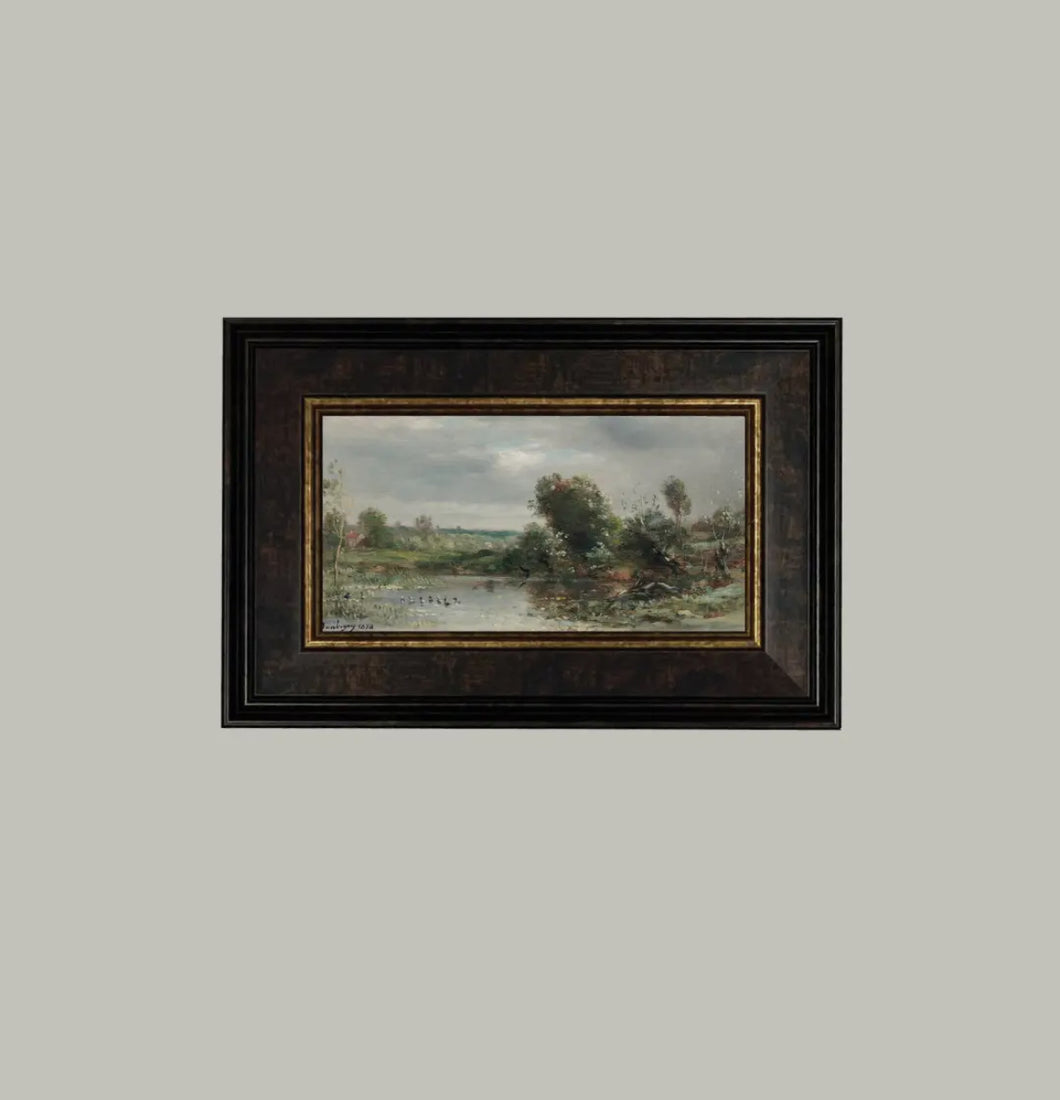 ANTIQUE FRAMED ART / DUCKLINGS ON A LAKE