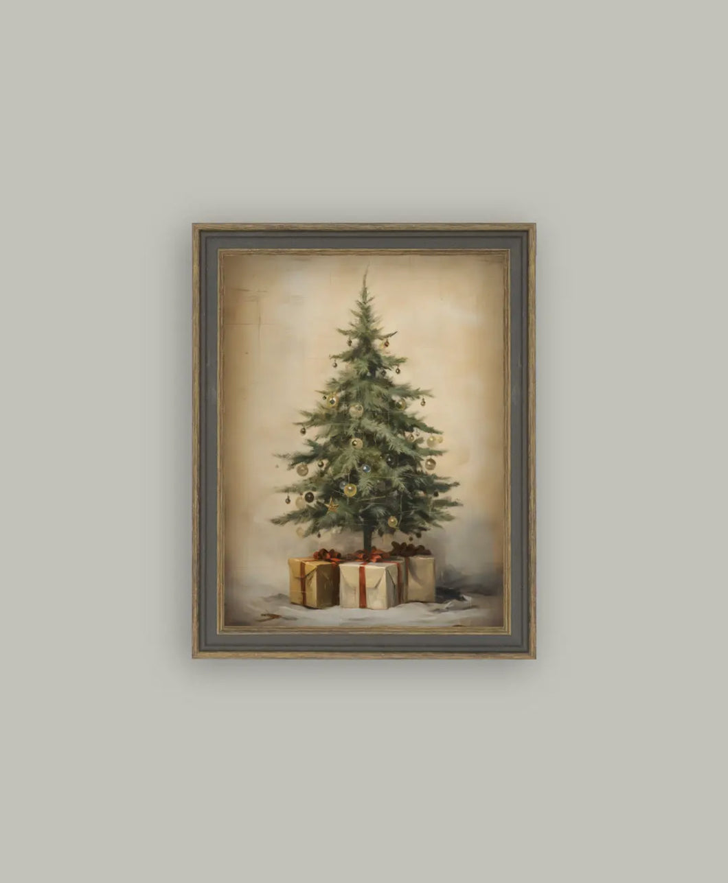 Christmas Tree with Presents Antique Art // 7x9”