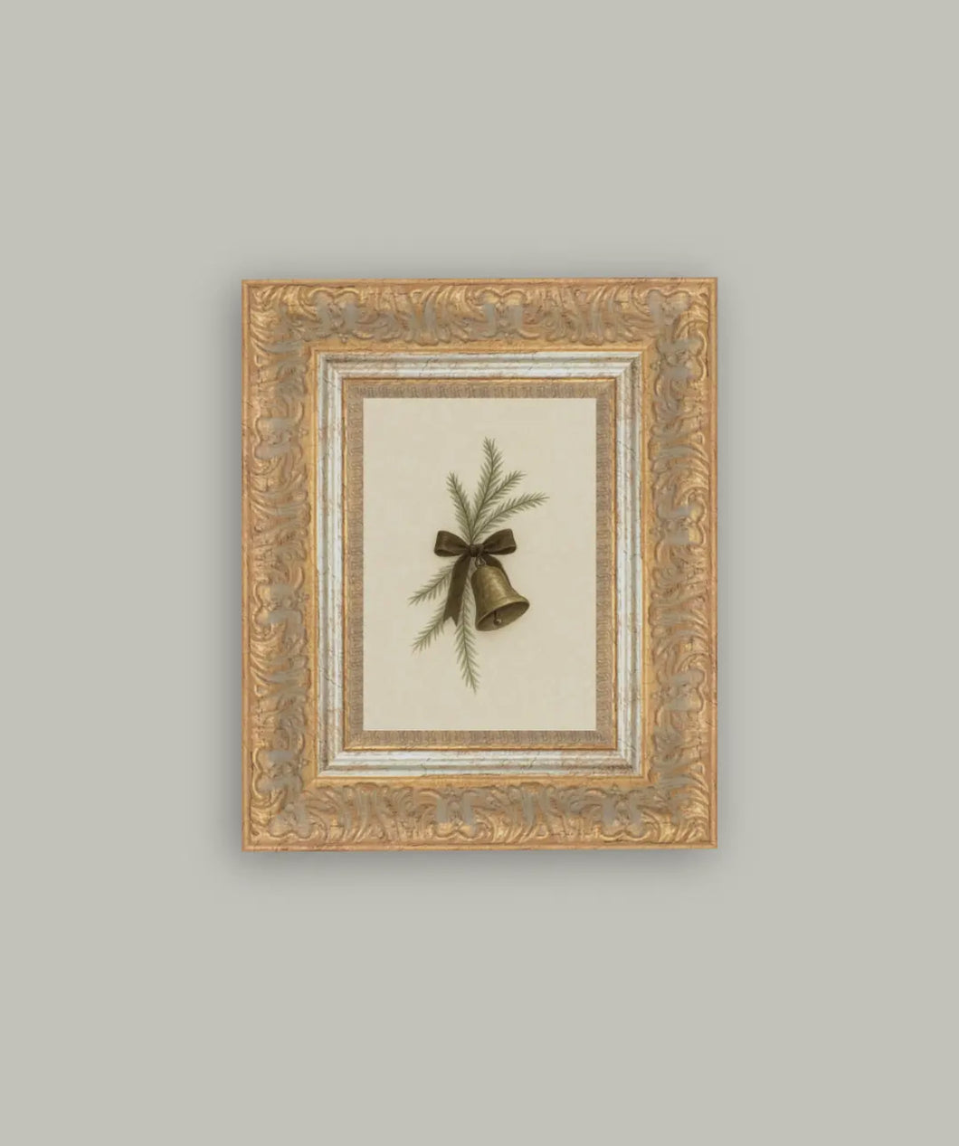 Bell with Pine Framed Antique Art // 7x9