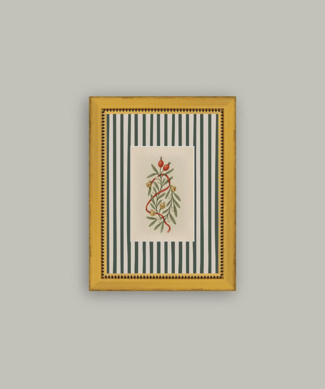 Holly Bells on Stripes Framed Antique Art // 5x7