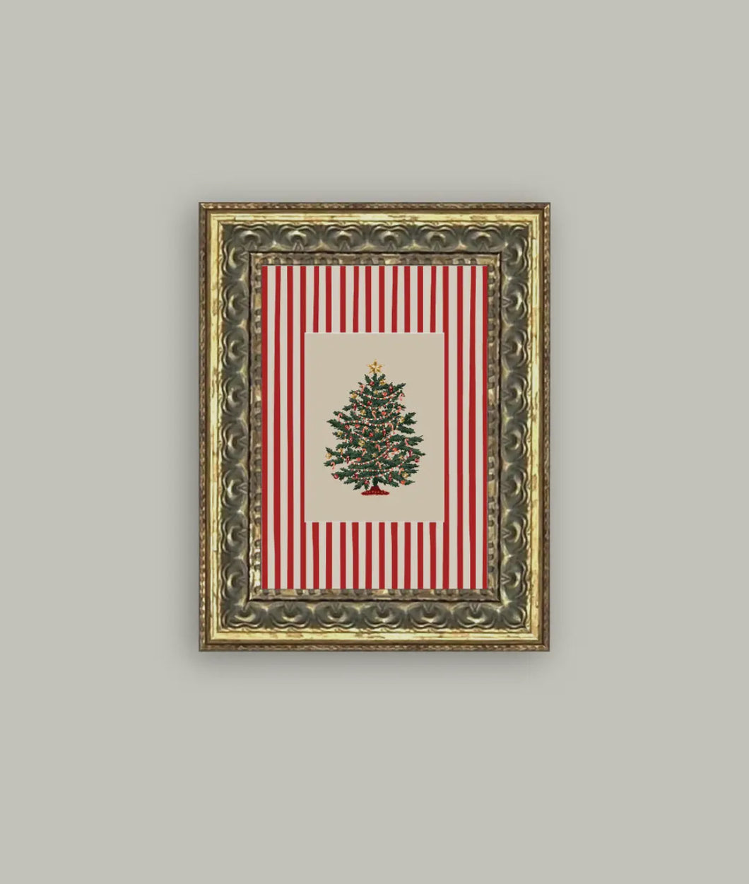 Peppermint Stripe Tree Framed Antique Art // 5x7