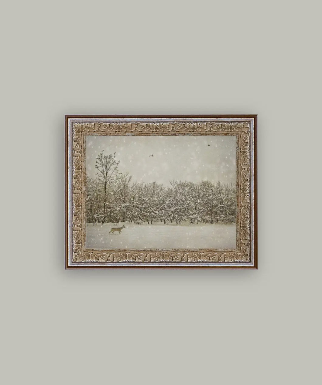 Winter Fawn Framed Antique Art // 10x8
