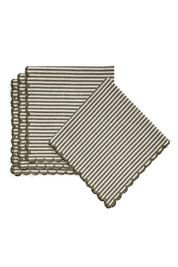 SCALLOP NAPKINS / CREAM & GREEN STRIPE / set of 4